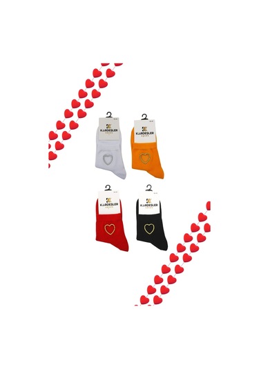 Kadın Çok Renkli Yarım Konç Pamuklu Çorap Kalp Desenli 4'lü Paket Çok Renkli