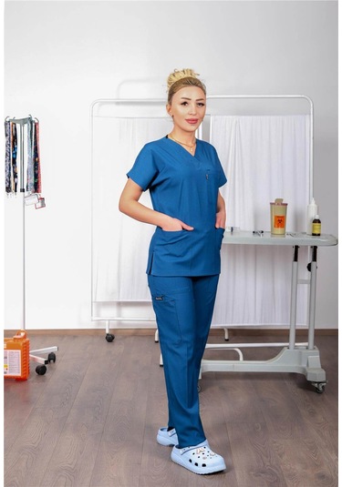 Likralı Cerrahi Forma Unisex Hemşire Doktor Sağlıkçı Forması Scrubs Üniforma İndigo Mavisi