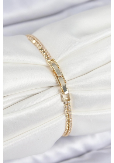 Pirinç Zirkon Taşlı Ezme Zincirli Kalp Model Gold Renk Kadın Bilekilk Çok Renkli