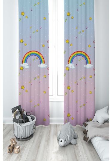 Mekta Home Bebek Ve Çocuk Odası Seksek Ve Gökkuşağı Desenli 2 Kanat Fon Perde