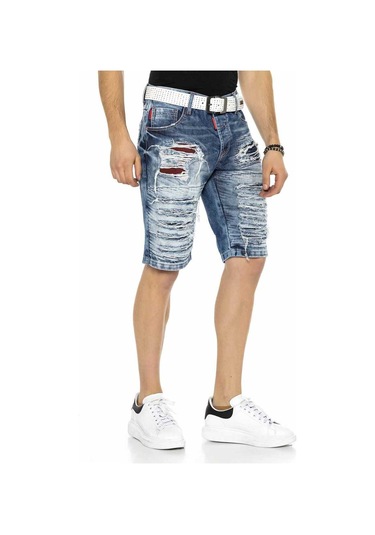 Ck219 Erkek Vintage Destroyed Yırtık Yamalı Kot Kapri Mavi