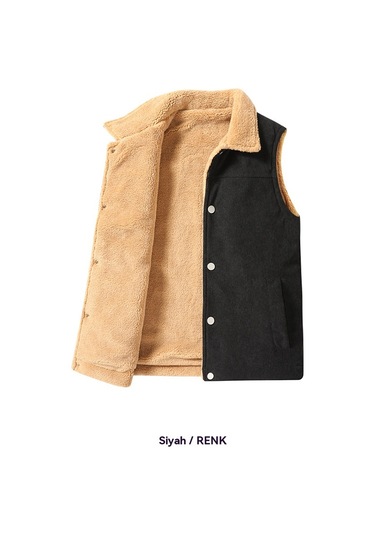 Peluş Sıcak Yelek Yelek Çok Yönlü Günlük Dik Yaka Erkek Yeleği Siyah