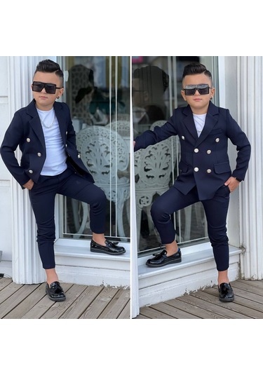 Modavals 4 Parça 6 Düğmeli Ceketli Erkek Çocuk Takım Elbise - Beyaz Tshırt Lacivert