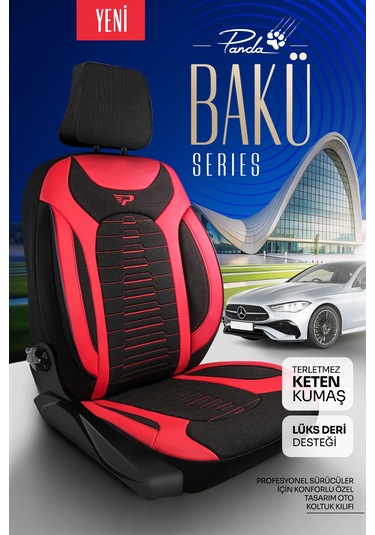 Siyah - Kırmızı Garni Panda Bakü Serısı Keten Kumaş Oto Koltuk Kılıfı - Tam Set