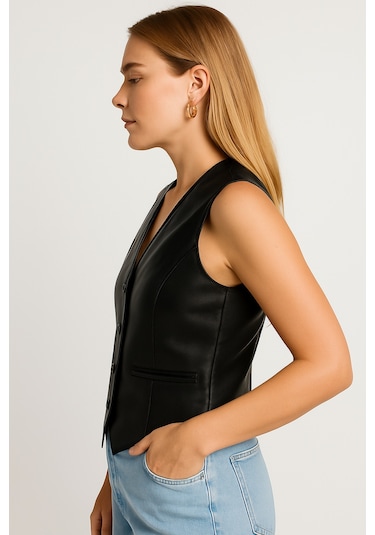 Hakiki Deri Siyah Kadın Yelek Siyah