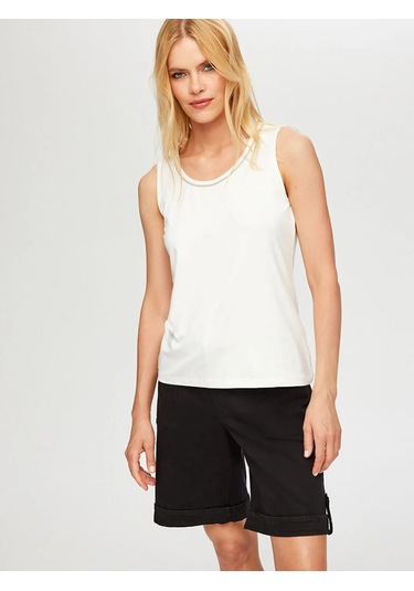 Faik Sönmez Yakası Zincir Şerit Detaylı Kadın Kolsuz Bluz B00024-3 Ekru