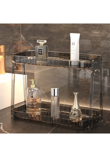 Skycity Banyo İçin Çift Katlı Pet Malzeme Kozmetik Dolabı - Geniş Kapasiteli Makyaj & Bakım Ürünleri Depolama Rafı 33x16x23cm Kahverengi Diğer