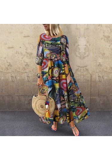 Zanzea Bohemia Kadın Çiçek Baskı 3/4 Kollu Günlük Uzun Elbise Yeşil