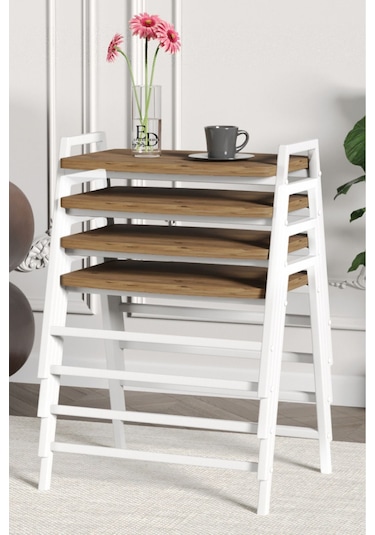 Zigon Sehpa , Aden 4'lü Tepsi Zigon Sehpa Takımı Beyaz Metal - Atlantik Çam Tabla Beyaz-atlantik Çam