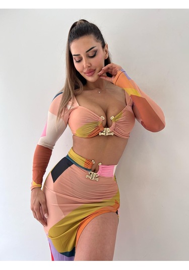 Pink Life Renkli Desenli Sandy Kumaş Tokalı Uzun Kollu Ikili-Renkli Desen Çok Renkli