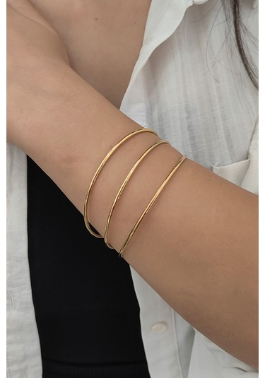 Chavin 3 Adet Gold Çelik Ajda Bilezik Halka Bayan Bileklik Ev10sr Gold
