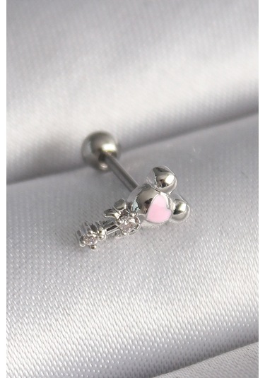 316l Çelik Gümüş Renk Zirkon Taş Detay Pembe Kalp İşleme Tragus P