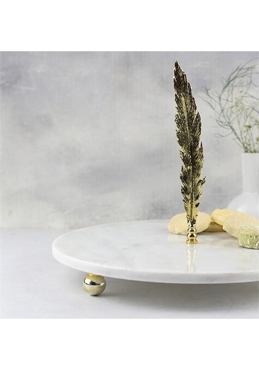 Akayev Mermer Beyaz 28 Cm Altın Boncuk Ayaklı Uzun Tüy Sunum Tabağı Beyaz