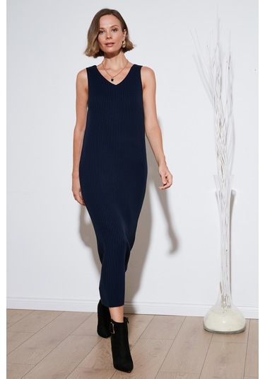 Lela V Yaka Fitilli Uzun Triko Bayan Elbise 4616169 Lacivert