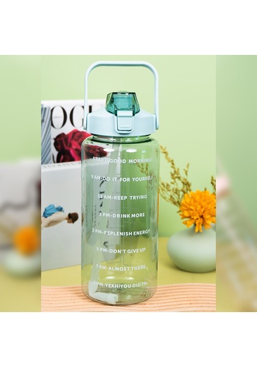 Lemestar 2000ml Yeşil Şeffaf Plastik Suluk, Ölçü İzli, Pipetli, Dürtmeye Dayanıklı, Spor Ve Günlük Kullanım, Taşınabilir Yeşil