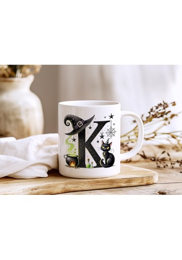 K Harfli Halloween Kedili Figür Kupa Bardak - Şapkalı Ve Kazanlı İsme Özel Kupa - Hediye Beyaz