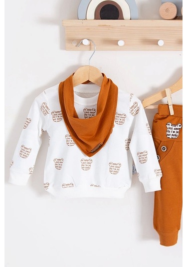 Fularlı Baby Desenli 3'lü Erkek Bebek Takım Turuncu