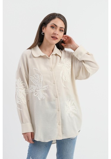 Pulpayet Nakışlı Keten Gömlek - Bej-bej Bej