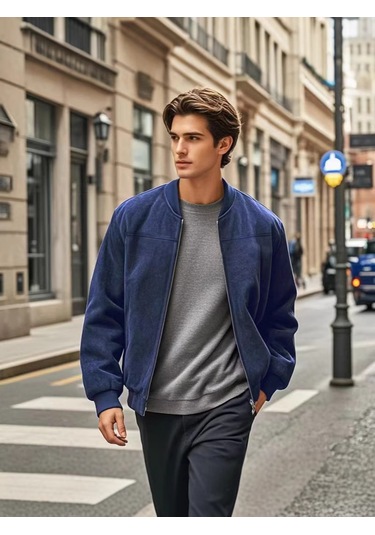 Sonbahar Ve Kış Dik Yaka Bol Retro Fermuarlı Erkek Ceketi Koyu Mavi