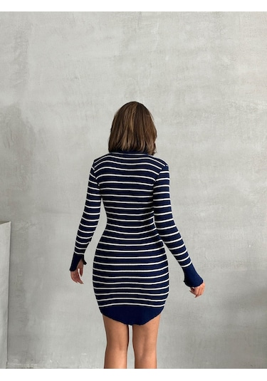 Kadın Çizgili Polo Yaka Mini Triko Elbise Lacivert