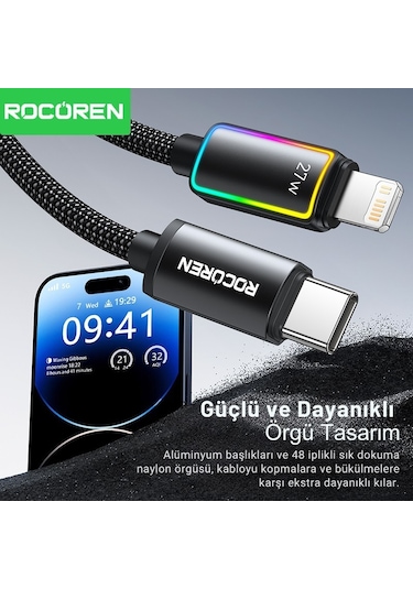 Rocoren 27w Type-c To Lightning Rgb Aydınlatmalı Örgülü Şarj Ve Data Kablosu 1 Metre
