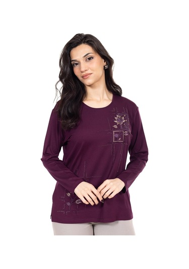 Yeni Sezon Kadın Orta Yaş Ve Üzeri Viskoz Kanaviçe İşlemeli Lüks Anne Penye Bluz 24311-mürdüm Mürdüm