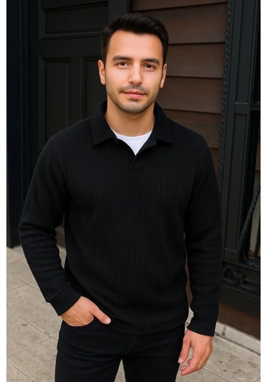 Erkek Fitilli Polar Sweatshirt Düğmesiz Polo Yaka, Oversize Rahat Kalıp, Kalın Polar Kumaş, Kışlık Siyah