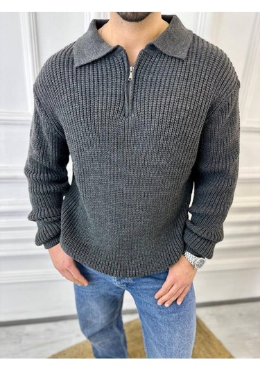 Kazak Oversize Tüylenmez Naturel Pamuk Fermuarlı Polo Yaka Örme Triko Kazak Füme