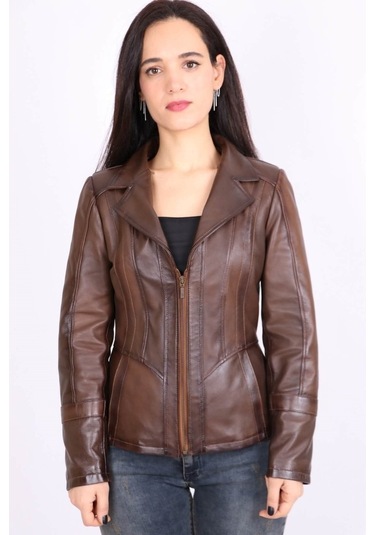 Kahverengi Hakiki Deri Çıkarılabilir Kürk Yakalı Mont Kaban