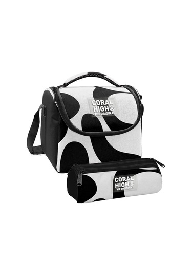 Coral High Erkek Çocuk Renkli Çizgili Siyah Beyaz Thermo Beslenme Çantası Ve Üç Bölmeli Kalem Çantası Seti Siyah - Beyaz