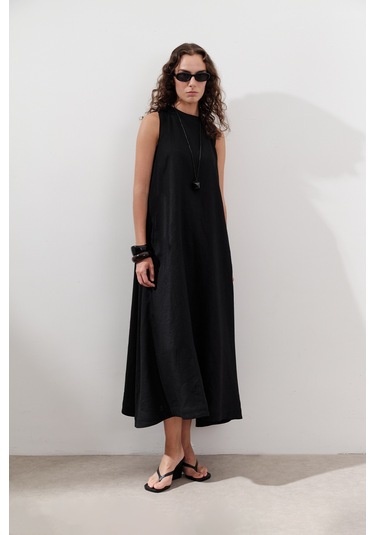 Keten Büzgülü Geniş Elbise Siyah Siyah