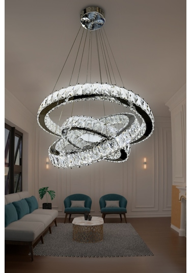 Bestof 3 Katlı Daire Taşlı Ledli Modern Avize - Kumandasız / Krom Krom
