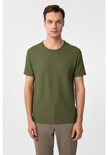 Haki Slim Fit Armürlü Bisiklet Yaka Tişört-37263 Haki