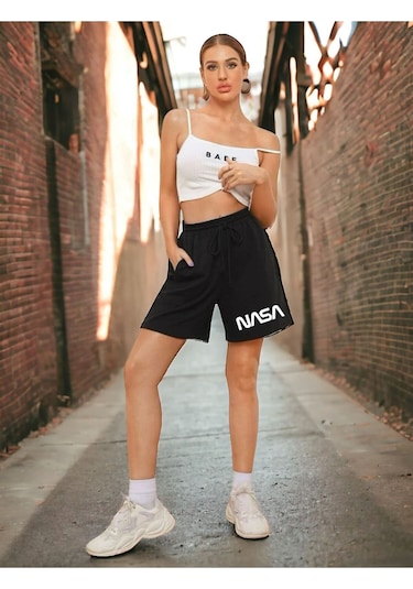 Benroma Nasa Baskılı Unisex Salaş Şort Siyah