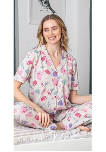 Alissa 6258 Kadın Fil Desenli Patlı Pijama Takımı Kahve
