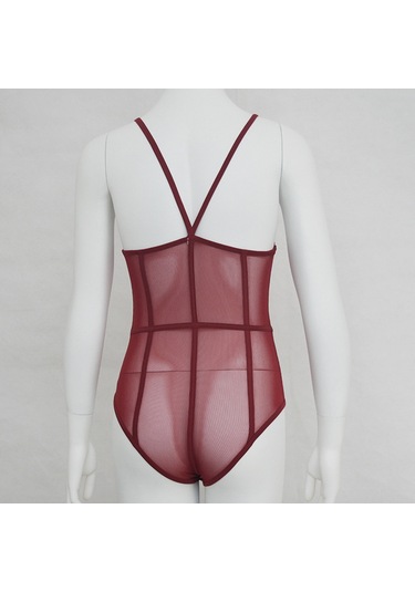 Suntek Bayan Sexy Lingerie Spagetti Kayışı Tulum Romper See Şarap Kırmızısı Şarap Kırmızı