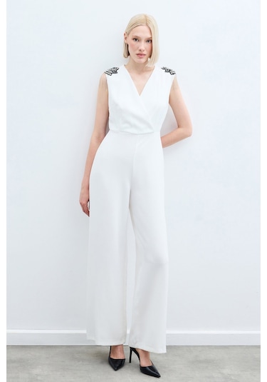 Sateen Aksesuar Detaylı Tulum - Ekru-135221 Ekru
