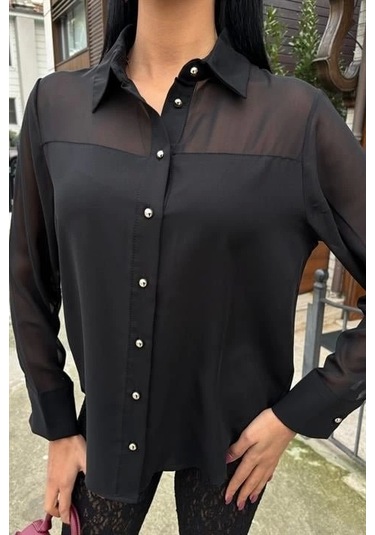 Transparan Detaylı Dökümlü Gömlek 3427 Si Yah Siyah