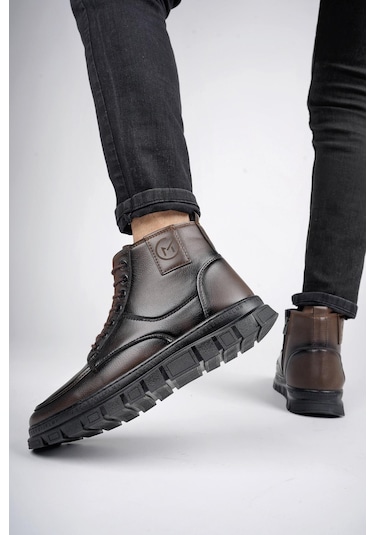 Muggo Gilberto Garantili Fermuarlı Bağcıklı Kürklü Hafif Taban Erkek Bot Kahverengi