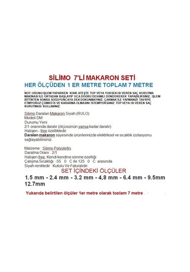 Isı Shrink Boru Daralan Makaron Kablo Yalıtım 7 Li Set 1 Er Metr