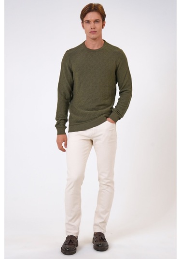 Haki Regular Fit Pamuklu Jakarlı Bisiklet Yaka Triko Kazak-haki Haki