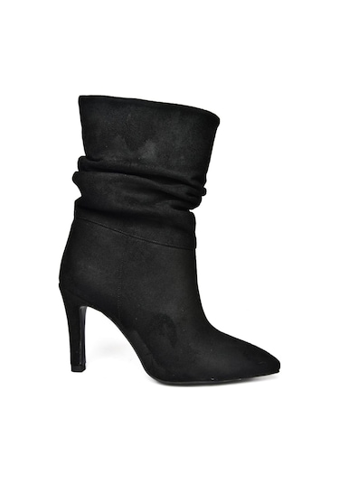 Fox Shoes R404020302 Siyah Süet İnce Topuklu Büzgülü Kadın Bot Siyah