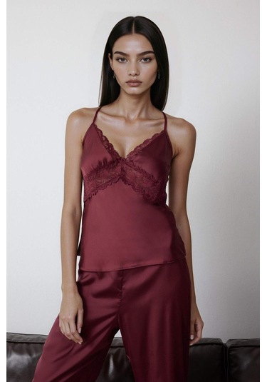 Defacto Regular Fit V Yaka Dantel Detaylı Askılı Saten Üst-fall İn Love G1670ax25aubr210 Bordo-br210