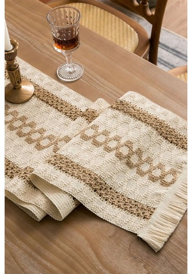 Pamuk Dantel Runner 35x145 Cm Masa Örtüsü Açık Kahve, Krem
