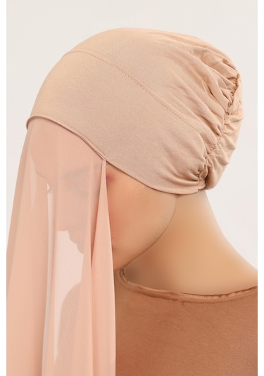 Hazır Pratik Lüks Geçmeli Lastikli Boneli Şifon Şal Koyu Bej