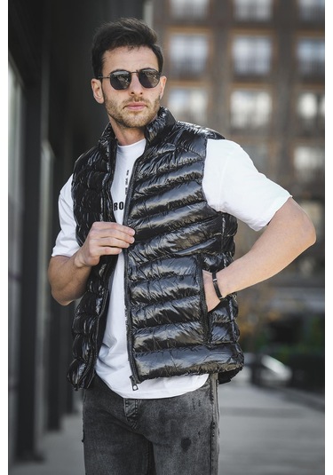 Bl 1696 Slim Fit Extra Parlak Dik Yaka Erkek Şişme Yelek Siyah