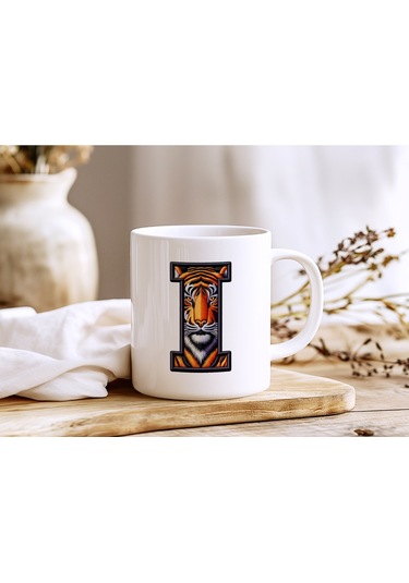 I Harfi Kaplan Figürlü Nakış Desenli Kupa Bardak - Kişiye Özel Vahşi Hayvan Desenli Kupa - Hediye Beyaz