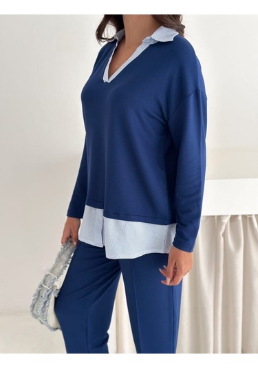 Polo Yaka Gömlekl Detay Salaş Balon Pantolunlu Ikılı Takım mavi