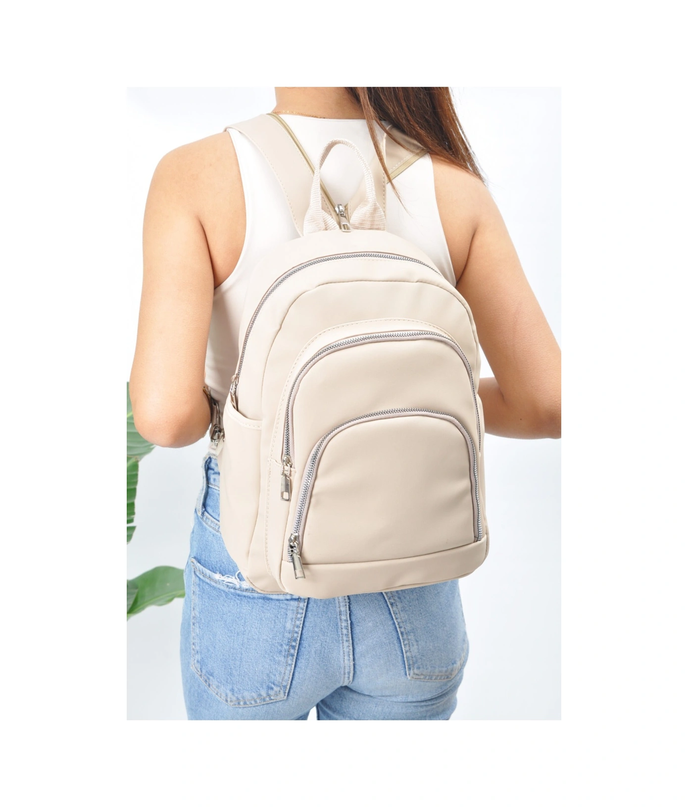 Tezzgelsin Unısex Su Geçirmez Saten Suni Deri Günlük Kullanım Sırt Çantası Bej