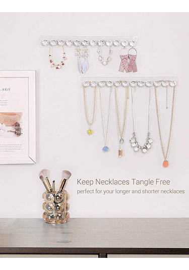 Kangvka Duvar Tipi Akrilik Gümüşlük Seti 2 Adet, 12 Elmas Şekilli Kanca İle Gümüş Ve Kolye Saklama, Kadınlar Ve Gençler İçin Pratik Hediyelik Ürün Şeffaf